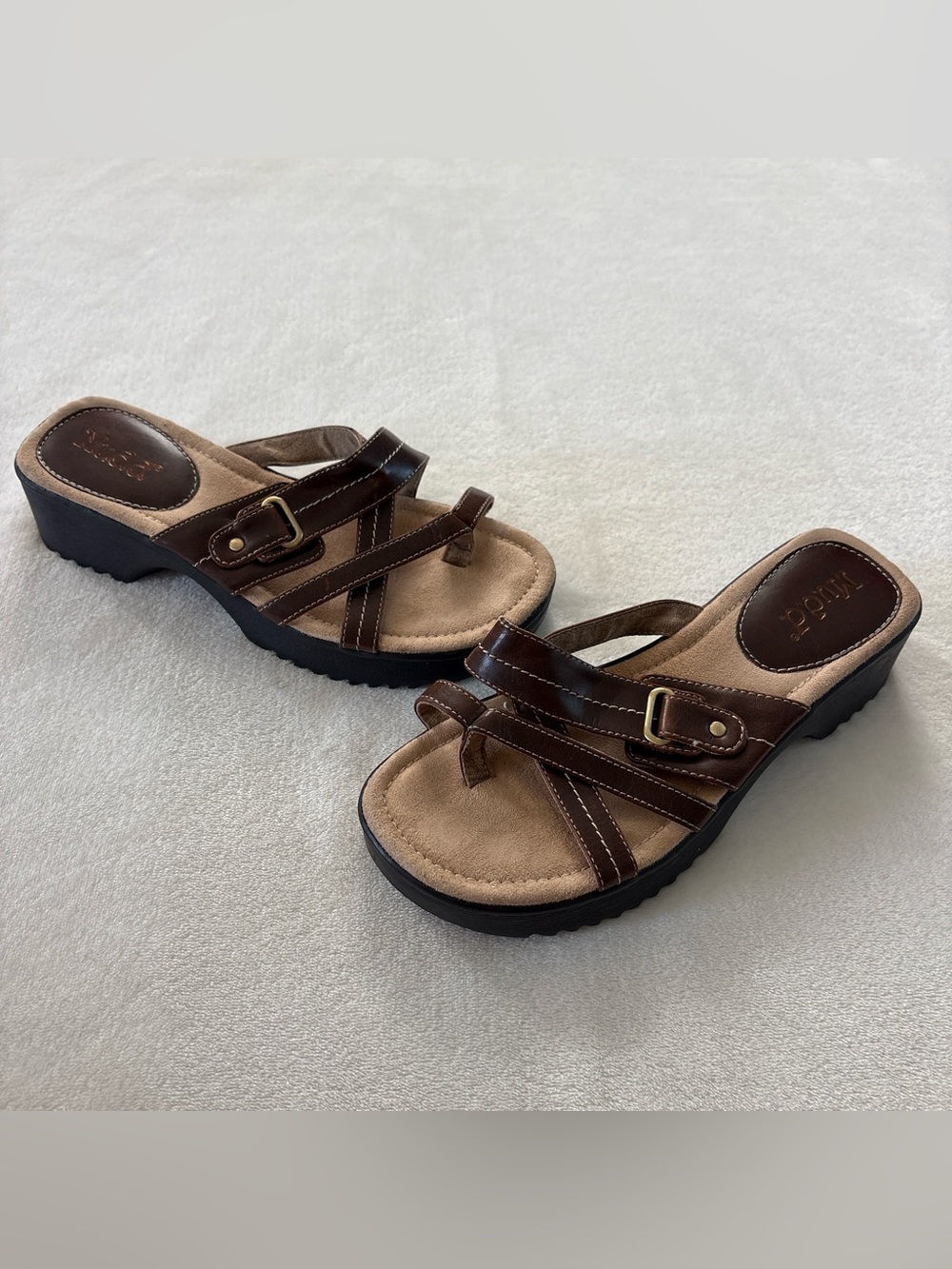 Vintage Y2K Mudd Platform Wedge Strappy Sandals Brown Buckle W7